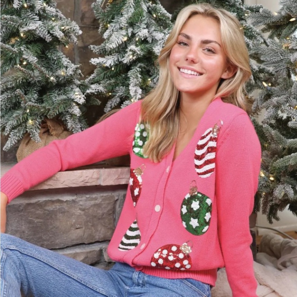 Simply Southern- Sparkly Sequin Pink Cardigan Sweater with Ornaments -Size Large
